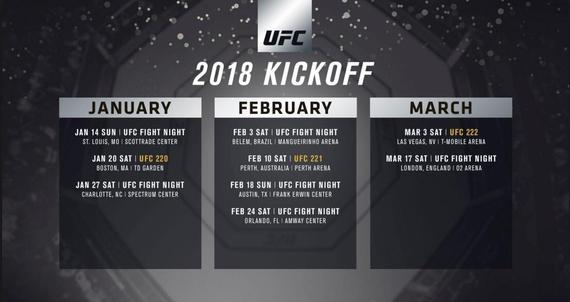 UFC公布2018年第一季度赛程 3场PPV赛事加两场海外之旅