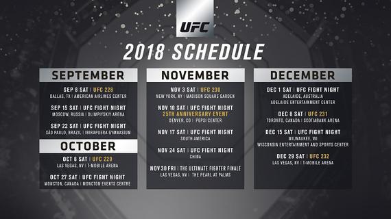 2018下半年UFC全赛程曝光 14场大小赛事遍及世界各地