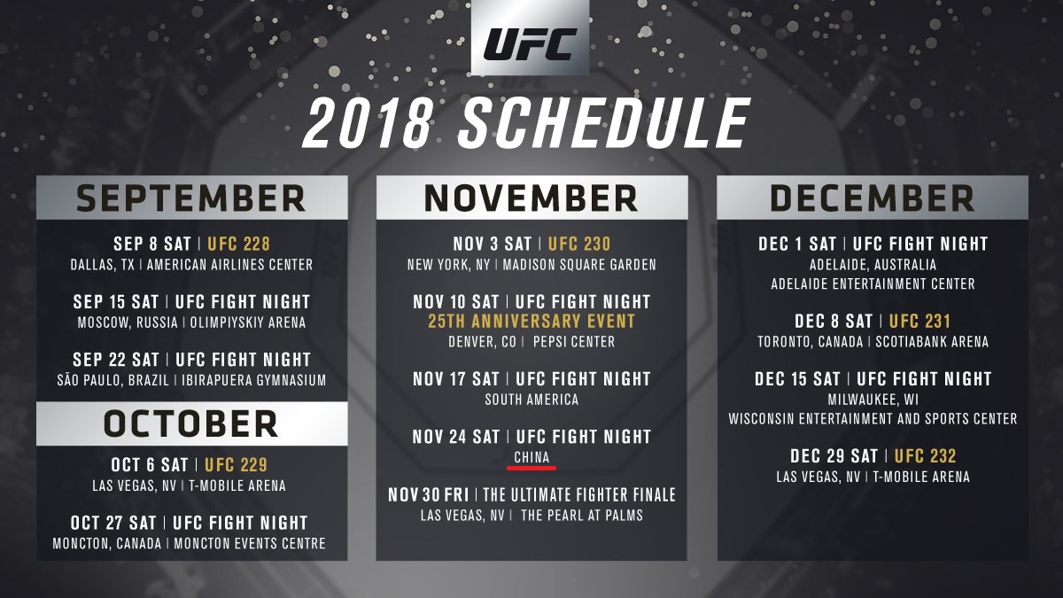 UFC官方宣布11月25日再次来到中国